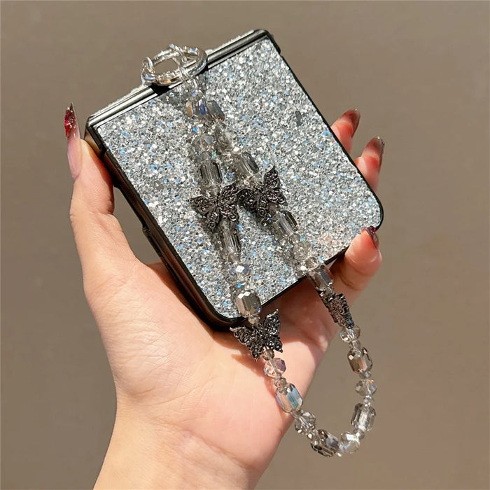 For Samsung Galaxy Z Flip7 5G Case Glitter Rhinestone TPU PC Phone Cover with Butterfly Wrist Strap - Silver - 3
