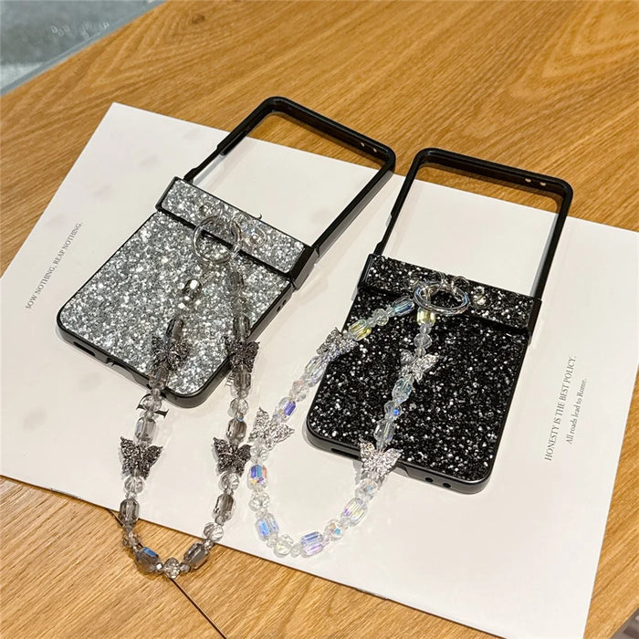 For Samsung Galaxy Z Flip7 5G Case Glitter Rhinestone TPU PC Phone Cover with Butterfly Wrist Strap - Silver - 7