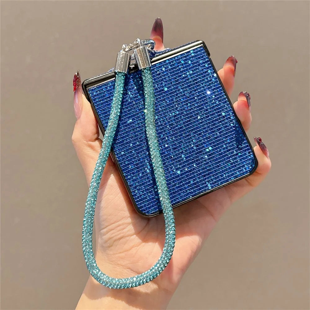 For Samsung Galaxy Z Flip7 5G Case Glitter TPU + PC Phone Cover with Rhinestone Wrist Strap - Blue - 2