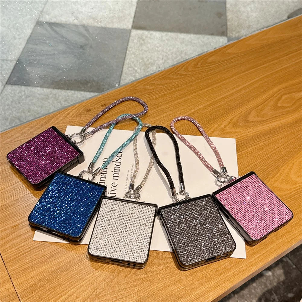 For Samsung Galaxy Z Flip7 5G Case Glitter TPU + PC Phone Cover with Rhinestone Wrist Strap - Blue - 7