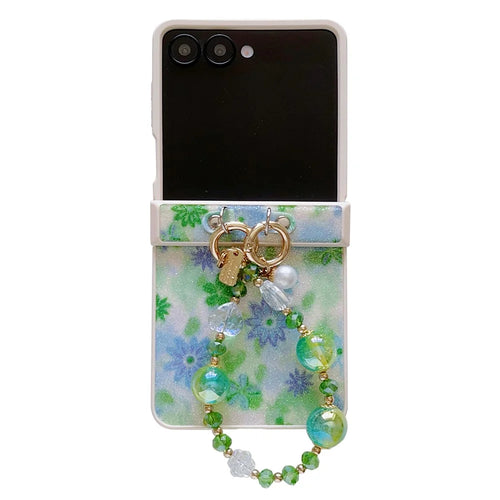 For Samsung Galaxy Z Flip7 5G Case Glitter Flower TPU + PC Phone Cover with Beaded Wrist Strap - Green - 1