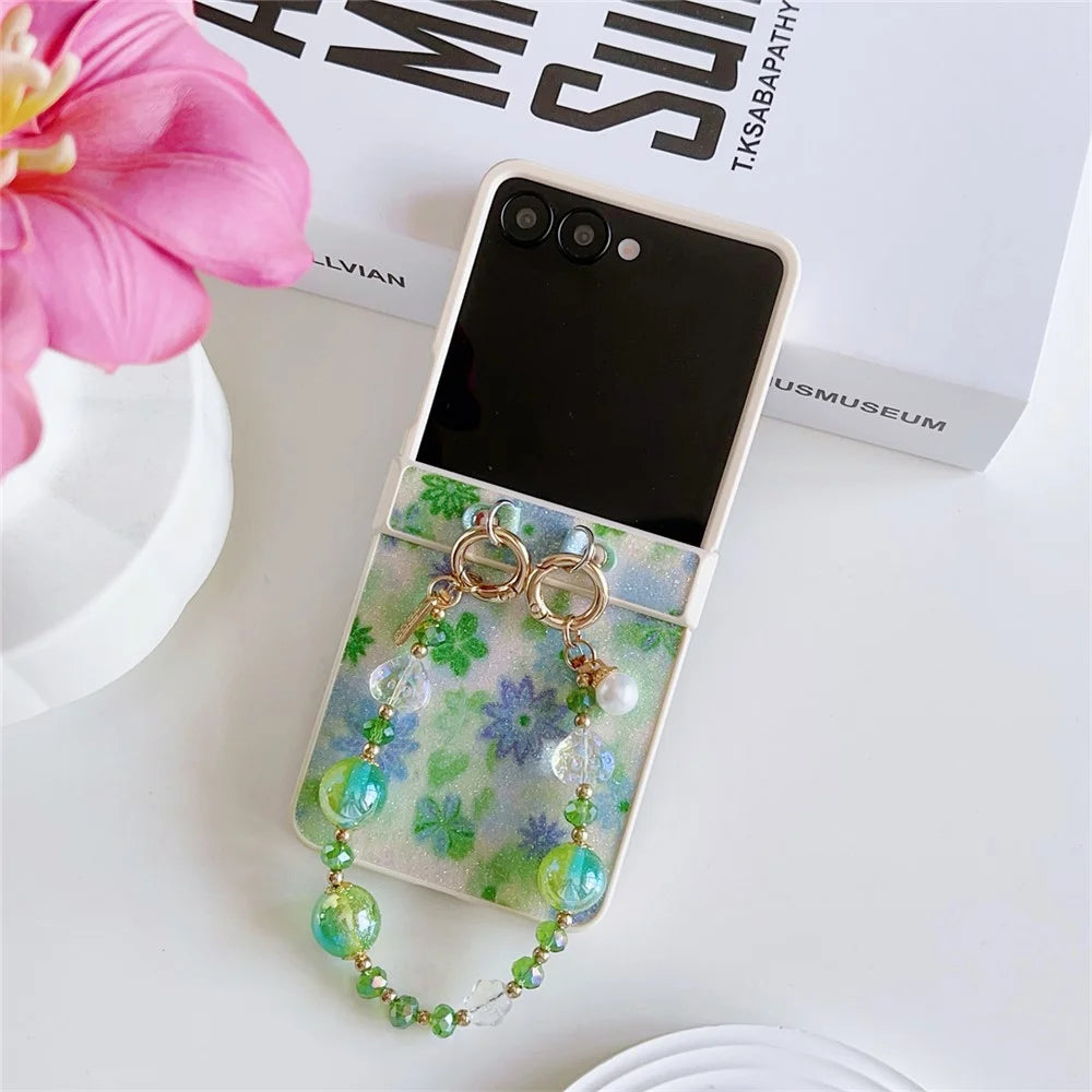 For Samsung Galaxy Z Flip7 5G Case Glitter Flower TPU + PC Phone Cover with Beaded Wrist Strap - Green - 2