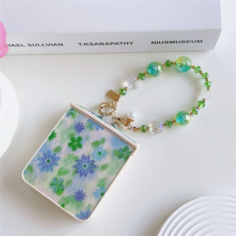 For Samsung Galaxy Z Flip7 5G Case Glitter Flower TPU + PC Phone Cover with Beaded Wrist Strap - Green - 4