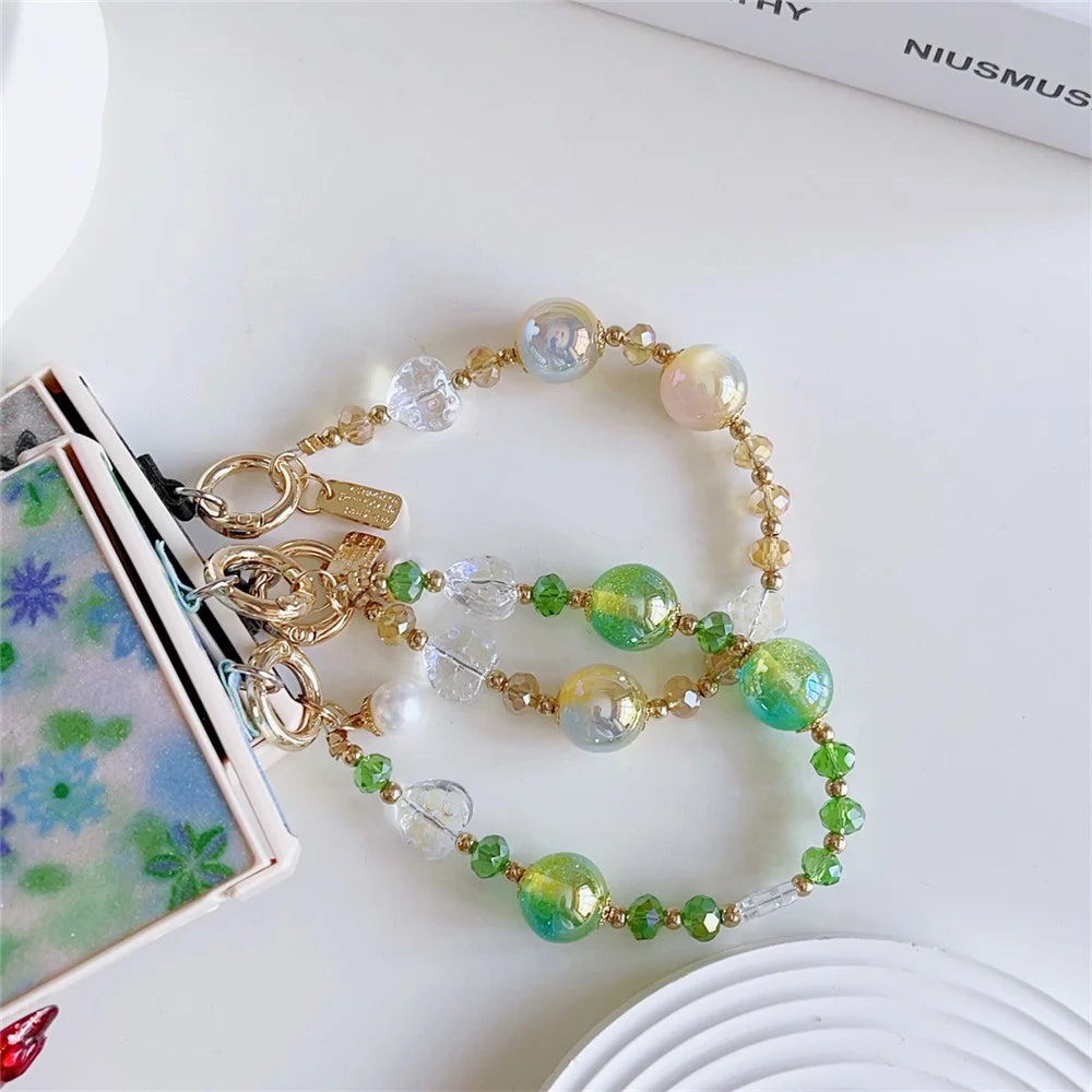 For Samsung Galaxy Z Flip7 5G Case Glitter Flower TPU + PC Phone Cover with Beaded Wrist Strap - Green - 6
