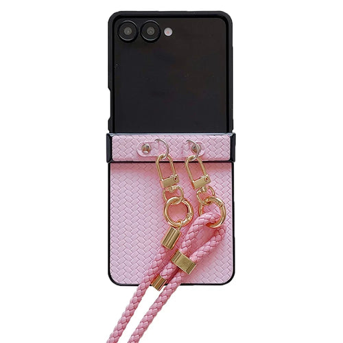 For Samsung Galaxy Z Flip7 5G Case Straw Mat Texture TPU + PC Phone Cover with Woven Crossbody Strap - Pink - 1
