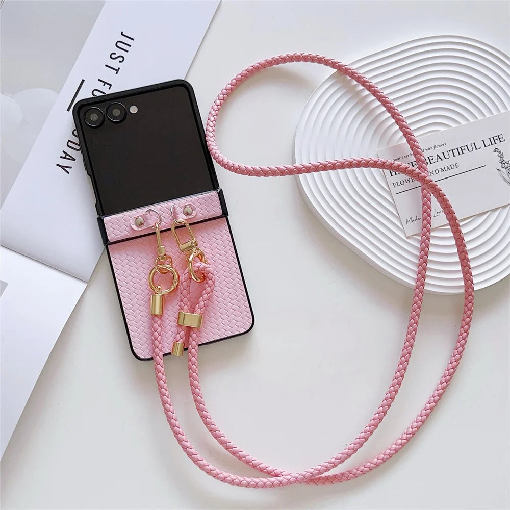 For Samsung Galaxy Z Flip7 5G Case Straw Mat Texture TPU + PC Phone Cover with Woven Crossbody Strap - Pink - 2