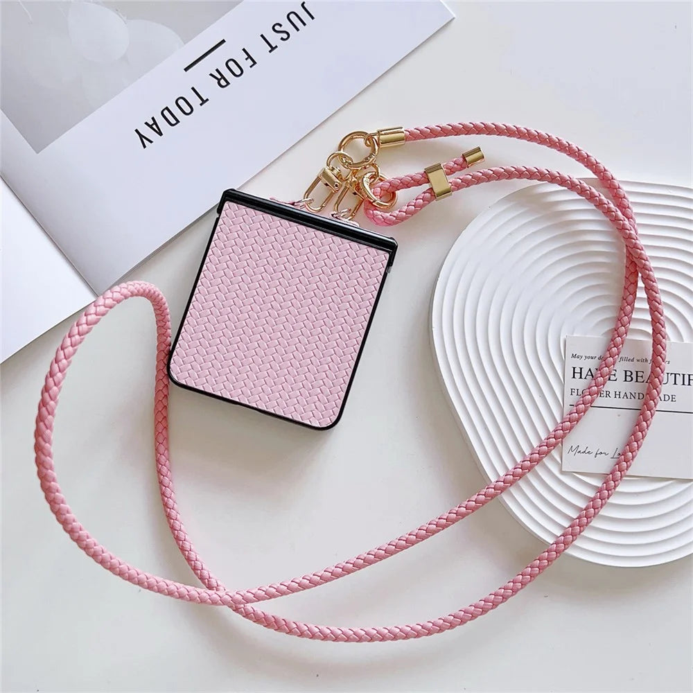 For Samsung Galaxy Z Flip7 5G Case Straw Mat Texture TPU + PC Phone Cover with Woven Crossbody Strap - Pink - 3