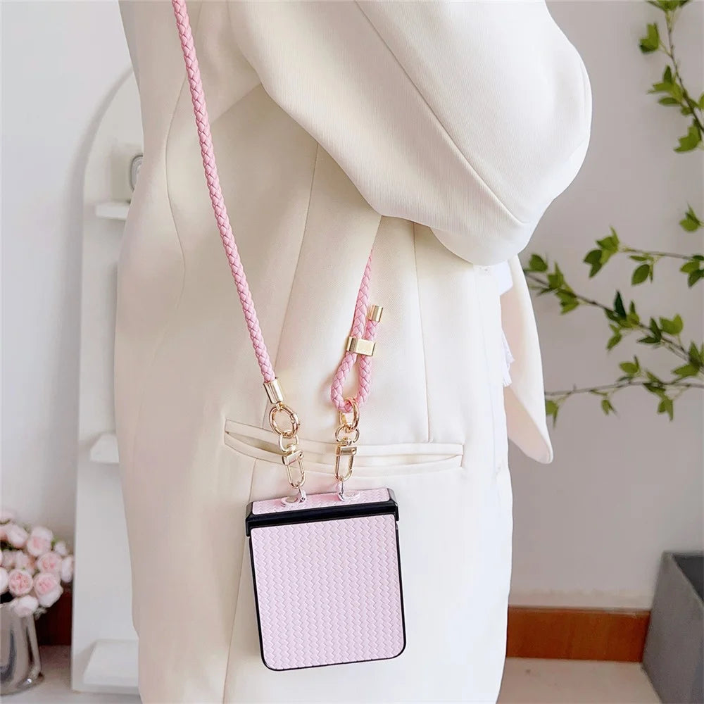 For Samsung Galaxy Z Flip7 5G Case Straw Mat Texture TPU + PC Phone Cover with Woven Crossbody Strap - Pink - 4