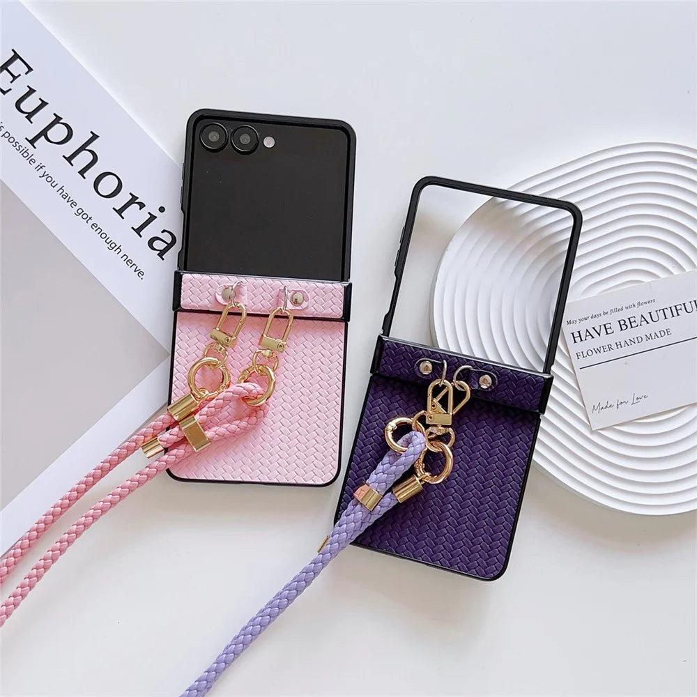 For Samsung Galaxy Z Flip7 5G Case Straw Mat Texture TPU + PC Phone Cover with Woven Crossbody Strap - Pink - 5
