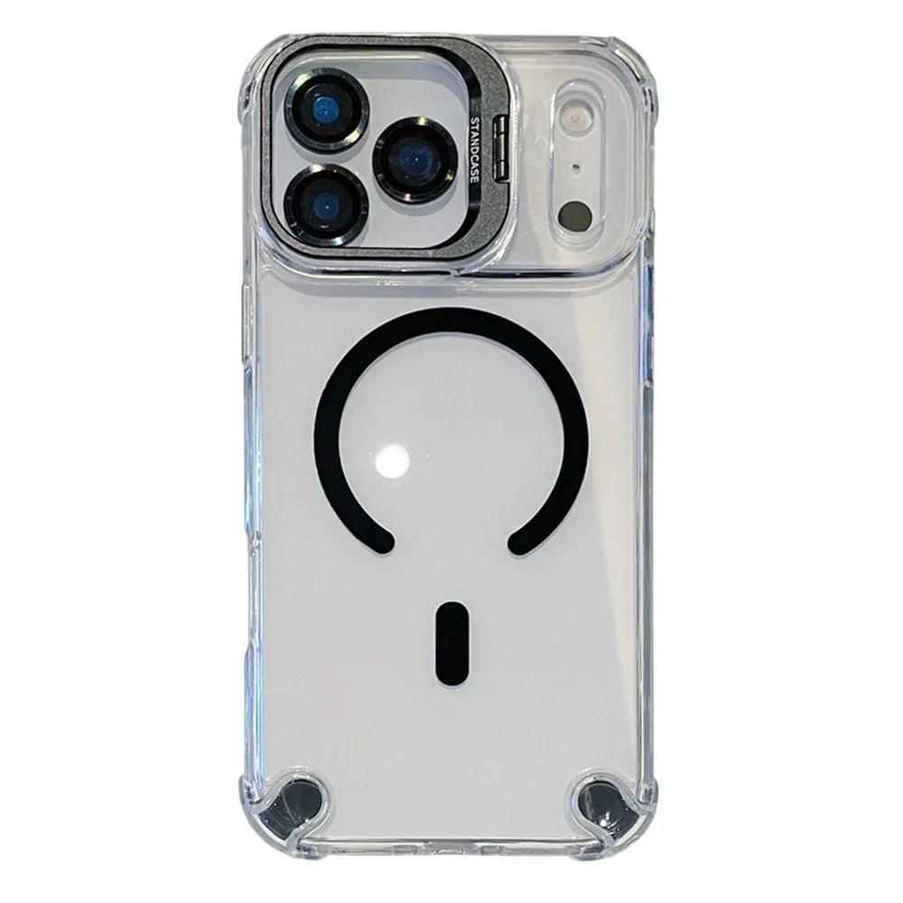 For iPhone 17 Pro Magnetic Case TPU PC Clear Kickstand Phone Cover with Tempered Glass Lens Films - Black - 1