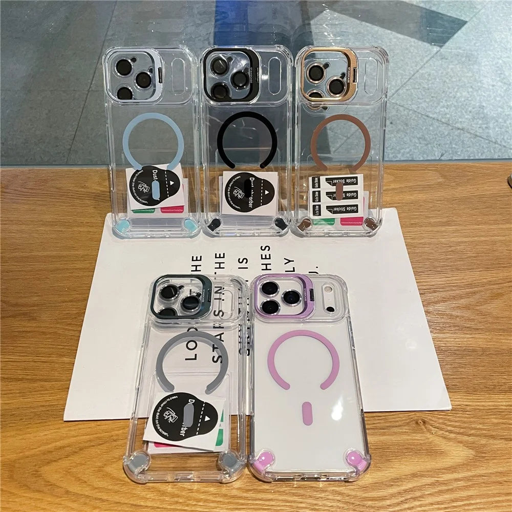 For iPhone 17 Pro Magnetic Case TPU PC Clear Kickstand Phone Cover with Tempered Glass Lens Films - Black - 5