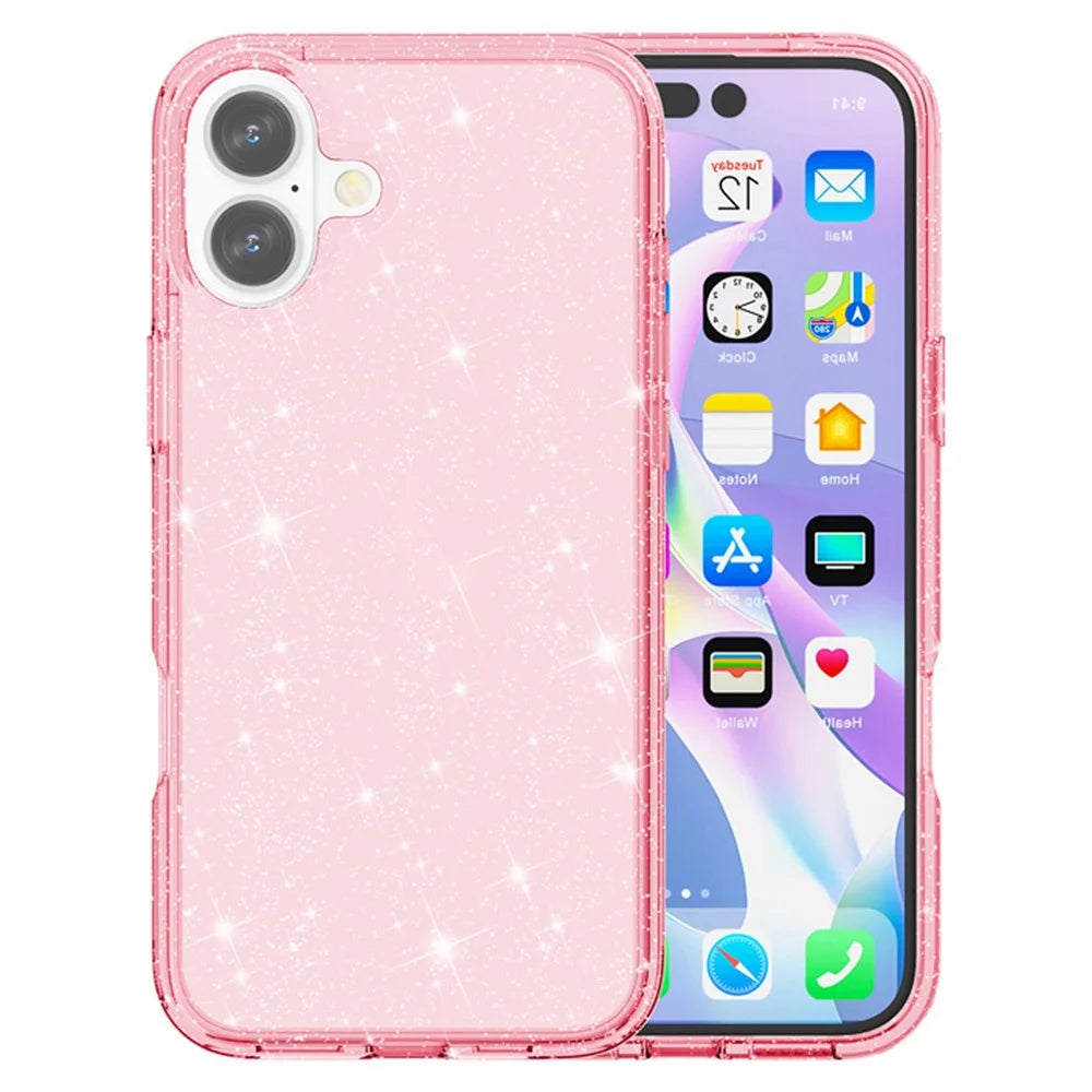AMORUS For iPhone 16 Case Soft TPU Hard PC Back Shockproof Phone Cover - Glitter Pink - 1