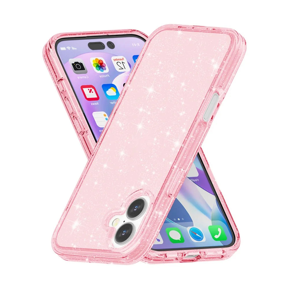 AMORUS For iPhone 16 Plus Case Soft TPU Hard PC Back Shockproof Phone Cover - Glitter Pink - 2