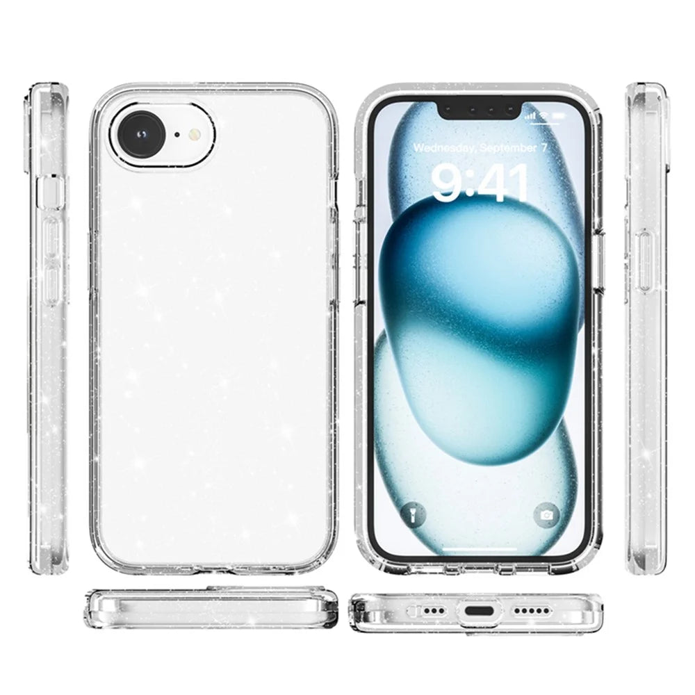 AMORUS For iPhone 17e / 16e Case Soft TPU Hard PC Back Shockproof Phone Cover - Glitter White - 5