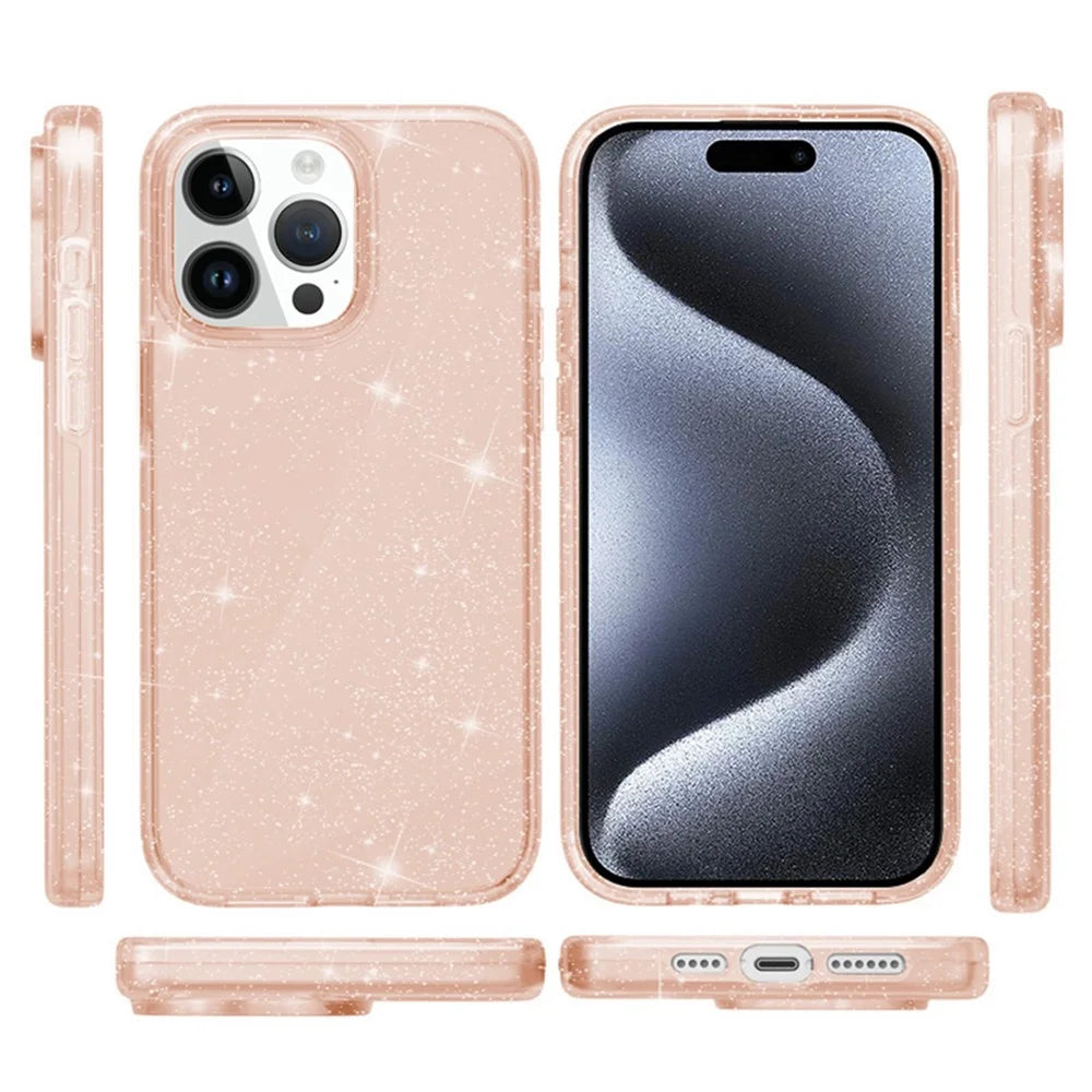 AMORUS For iPhone 15 Pro Case Soft TPU Hard PC Back Shockproof Phone Cover - Glitter Gold - 5