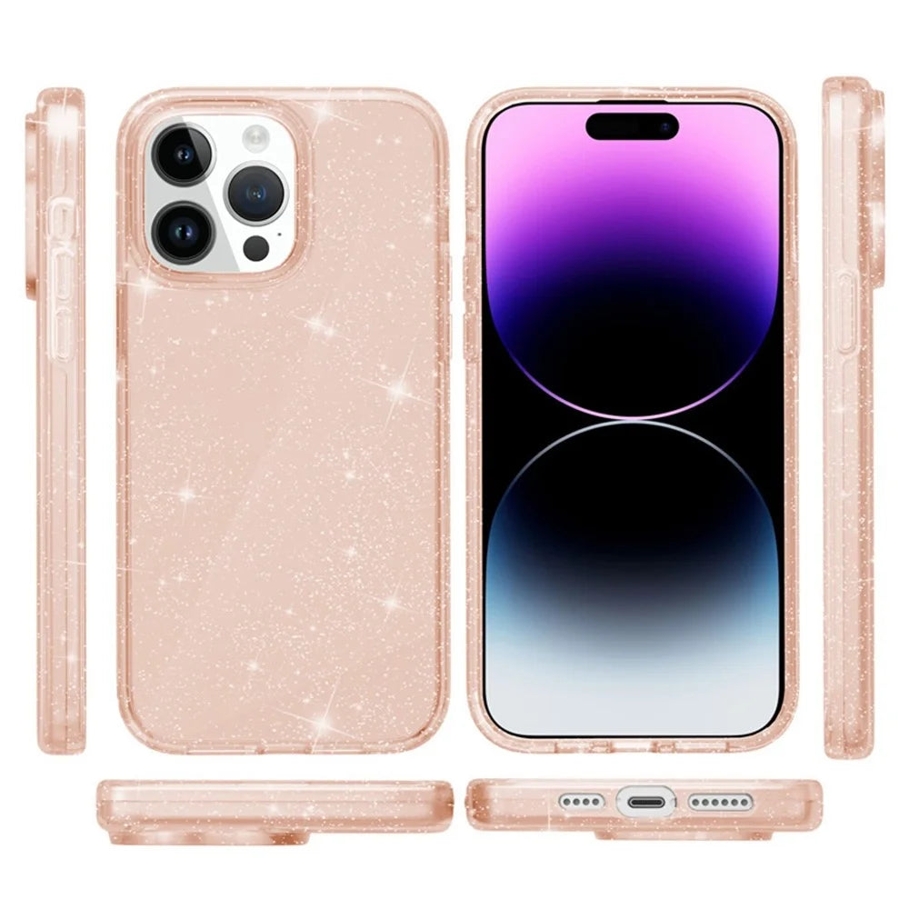 AMORUS For iPhone 14 Pro Max Case Soft TPU Hard PC Back Shockproof Phone Cover - Glitter Gold - 5