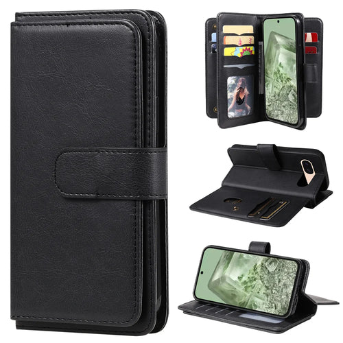 For Google Pixel 8a Leather Case with 10 Card Holder Phone Cover Stand - Black - 1