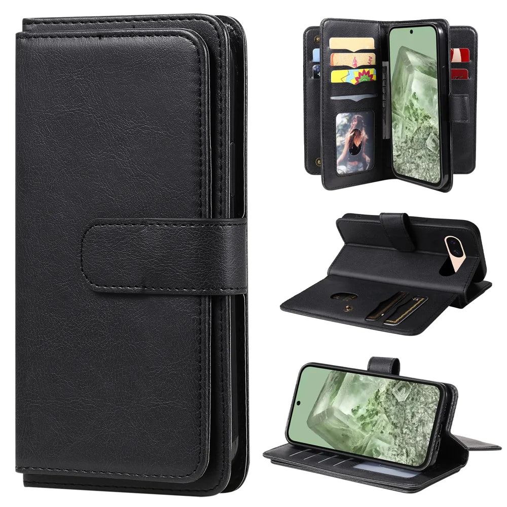 For Google Pixel 8a Leather Case with 10 Card Holder Phone Cover Stand - Black - 1