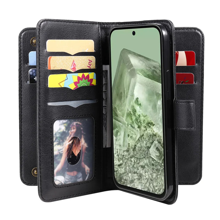 For Google Pixel 8a Leather Case with 10 Card Holder Phone Cover Stand - Black - 2