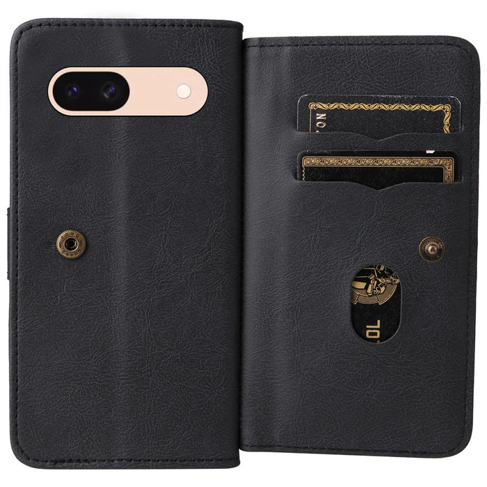 For Google Pixel 8a Leather Case with 10 Card Holder Phone Cover Stand - Black - 4