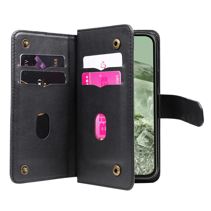 For Google Pixel 8a Leather Case with 10 Card Holder Phone Cover Stand - Black - 5