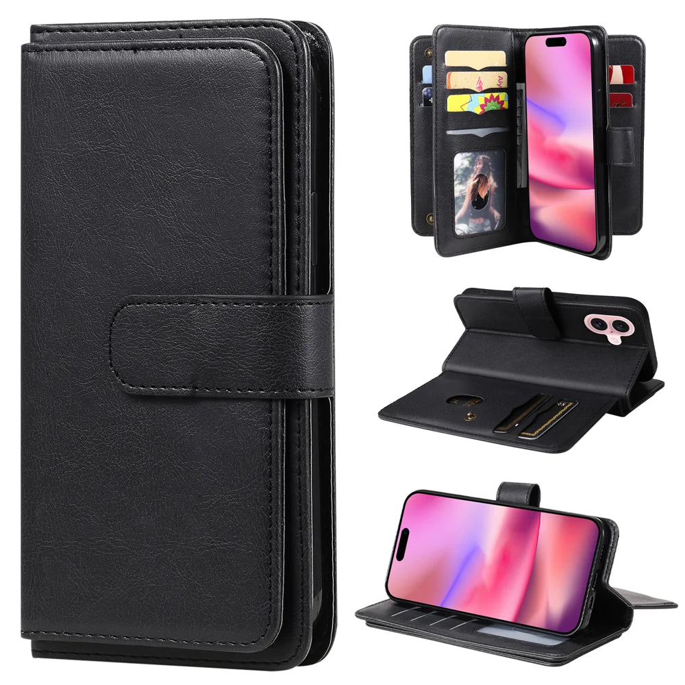 For iPhone 16 Leather Case with 10 Card Holder Phone Cover Stand - Black - 1