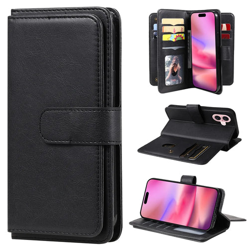 For iPhone 16 Leather Case with 10 Card Holder Phone Cover Stand - Black - 1