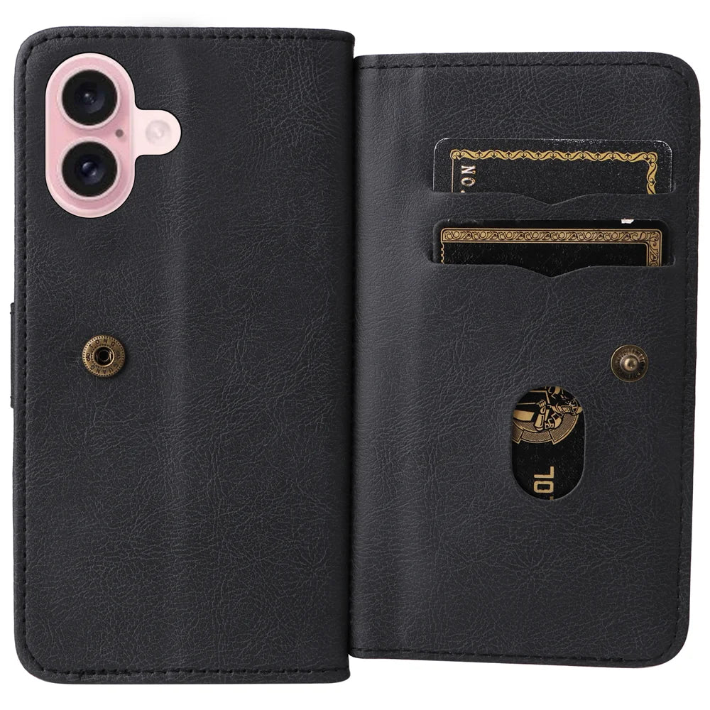 For iPhone 16 Leather Case with 10 Card Holder Phone Cover Stand - Black - 2