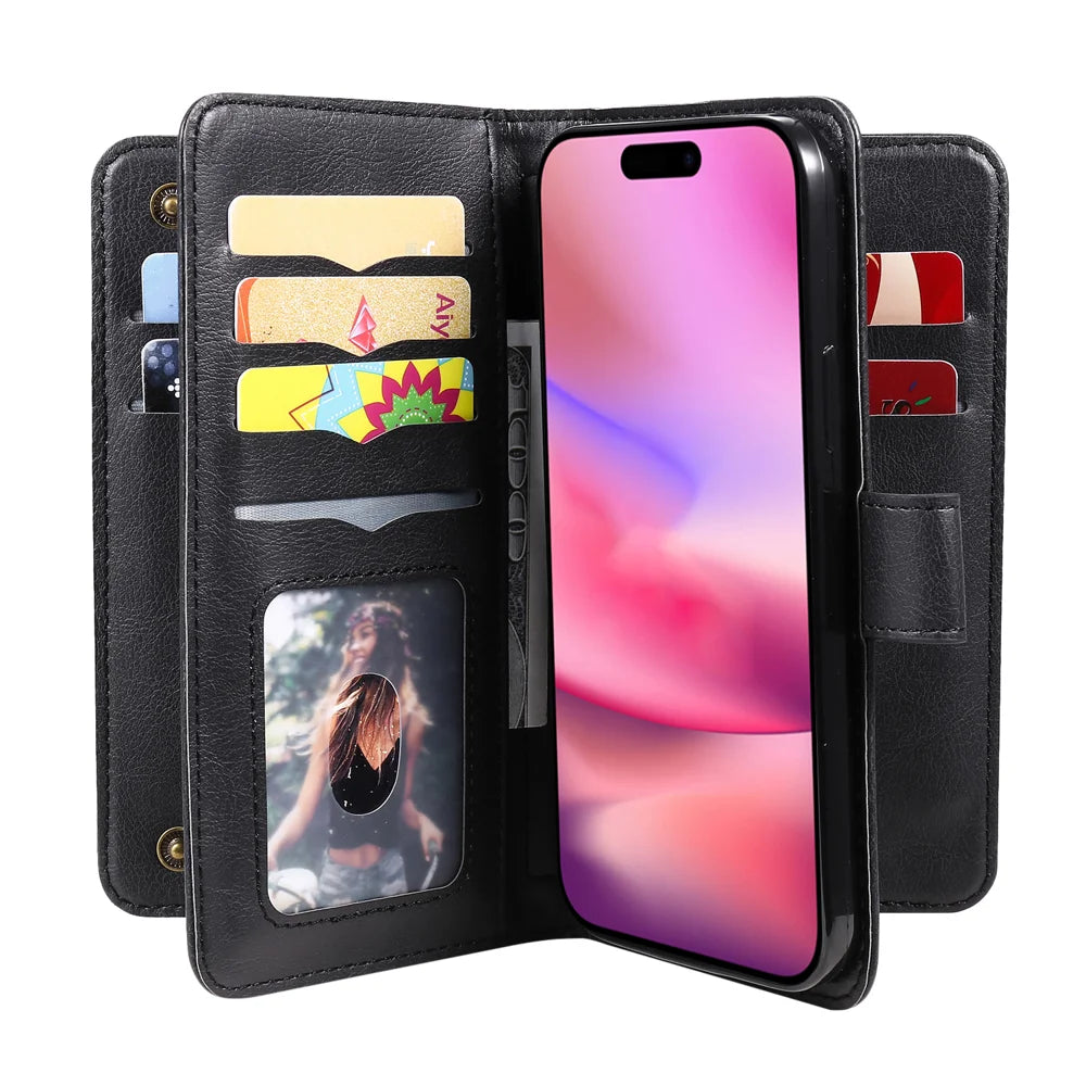For iPhone 16 Leather Case with 10 Card Holder Phone Cover Stand - Black - 3
