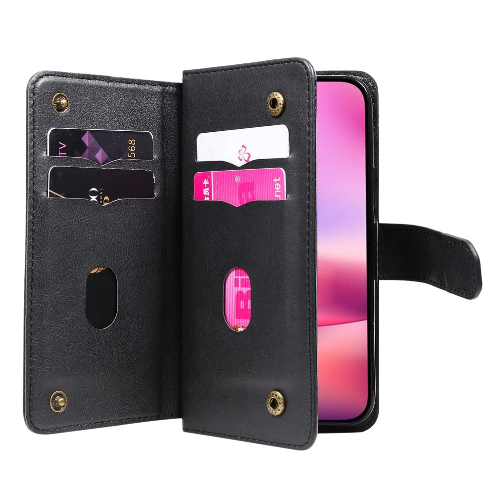 For iPhone 16 Leather Case with 10 Card Holder Phone Cover Stand - Black - 4