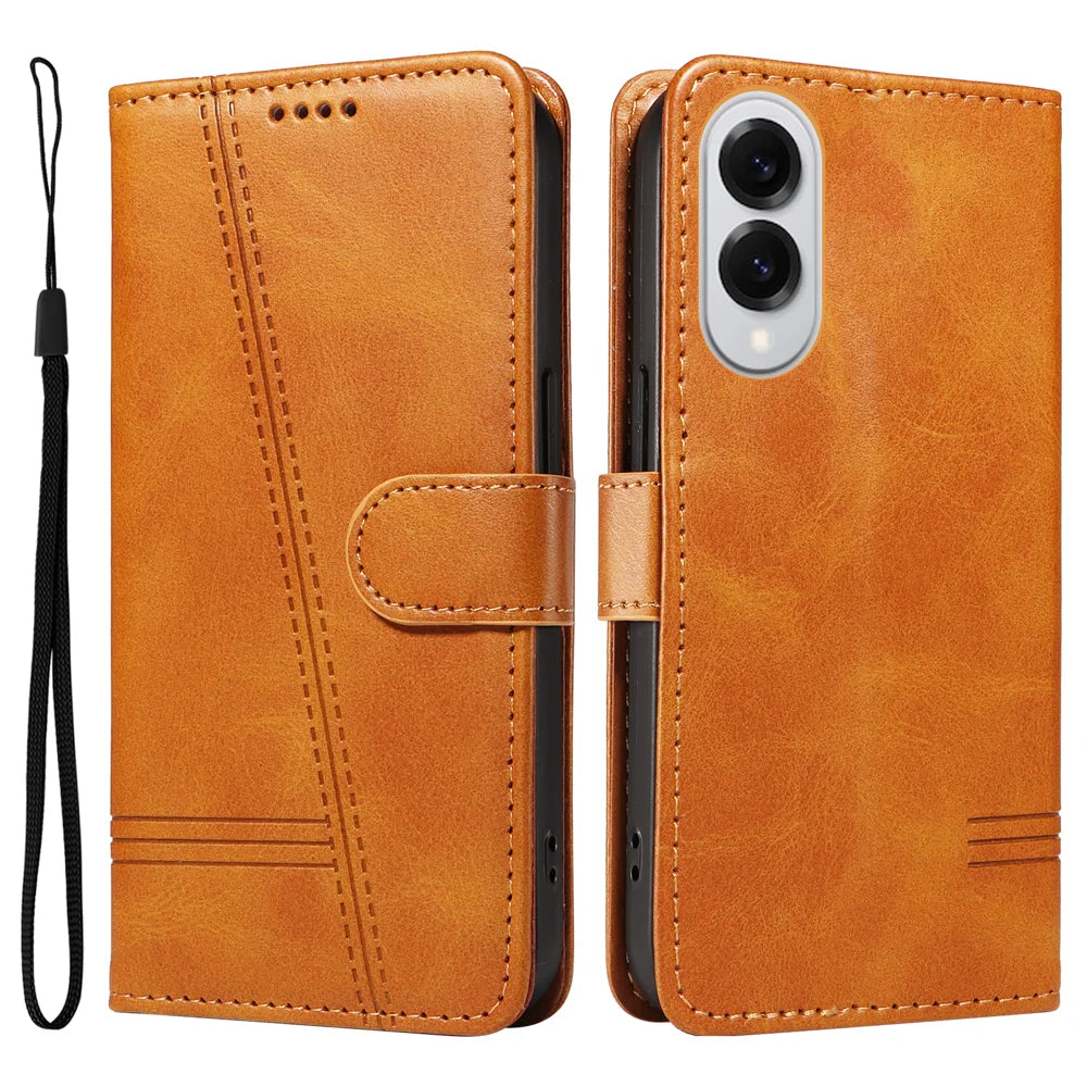 For Samsung Galaxy S25 Edge Wallet Case T-Shape Lines Leather Phone Cover Stand - Brown - 1
