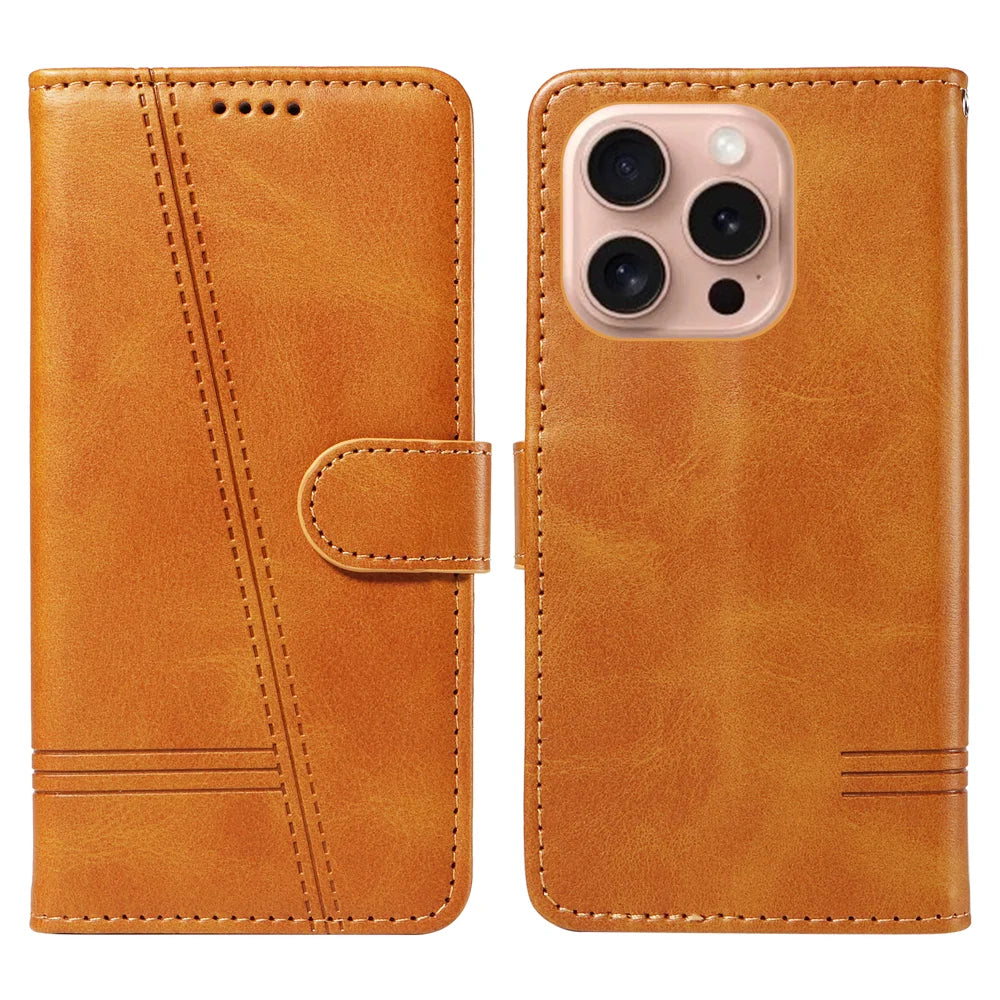 For iPhone 16 Pro Wallet Case T-Shape Lines Leather Phone Cover Stand - Brown - 1