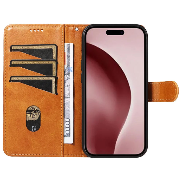 For iPhone 16 Pro Wallet Case T-Shape Lines Leather Phone Cover Stand - Brown - 2