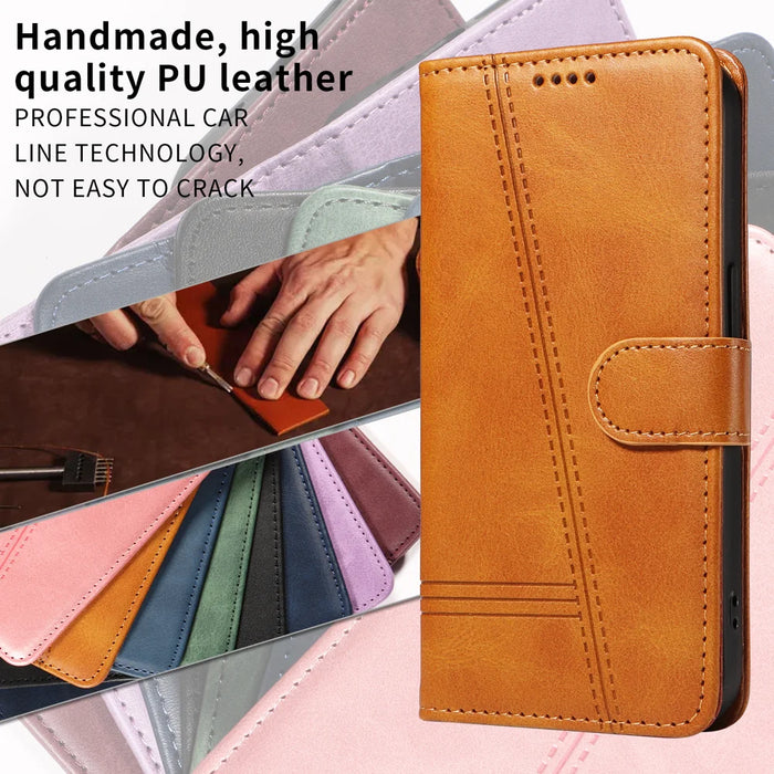 For iPhone 16 Pro Wallet Case T-Shape Lines Leather Phone Cover Stand - Brown - 5