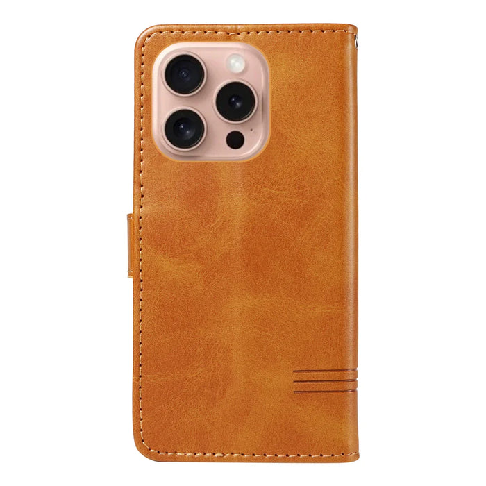 For iPhone 16 Pro Wallet Case T-Shape Lines Leather Phone Cover Stand - Brown - 7