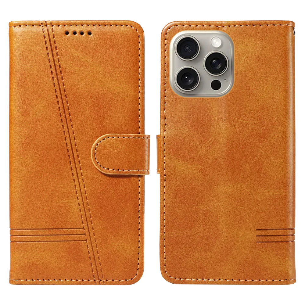 For iPhone 15 Pro Max Wallet Case T-Shape Lines Leather Phone Cover Stand - Brown - 1