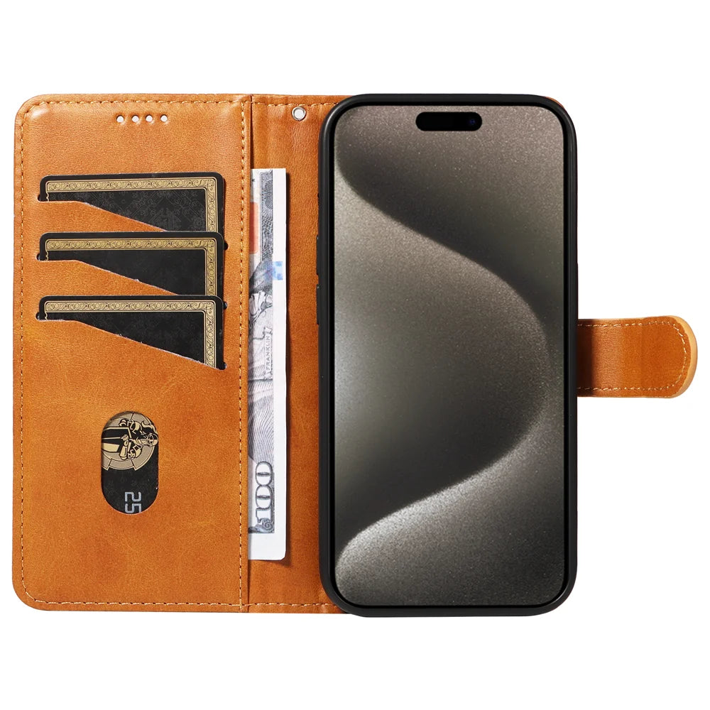 For iPhone 15 Pro Max Wallet Case T-Shape Lines Leather Phone Cover Stand - Brown - 2