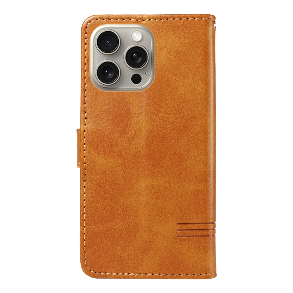 For iPhone 15 Pro Max Wallet Case T-Shape Lines Leather Phone Cover Stand - Brown - 7