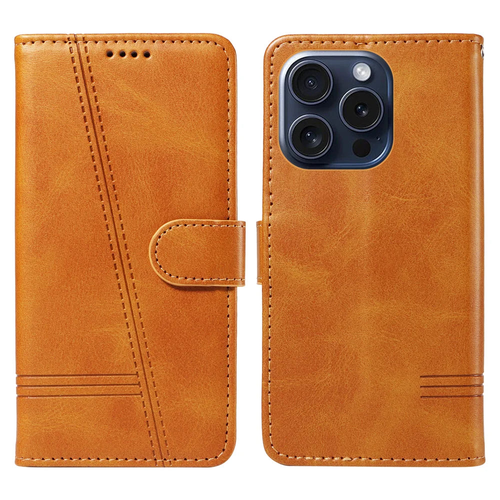 For iPhone 15 Pro Wallet Case T-Shape Lines Leather Phone Cover Stand - Brown - 1