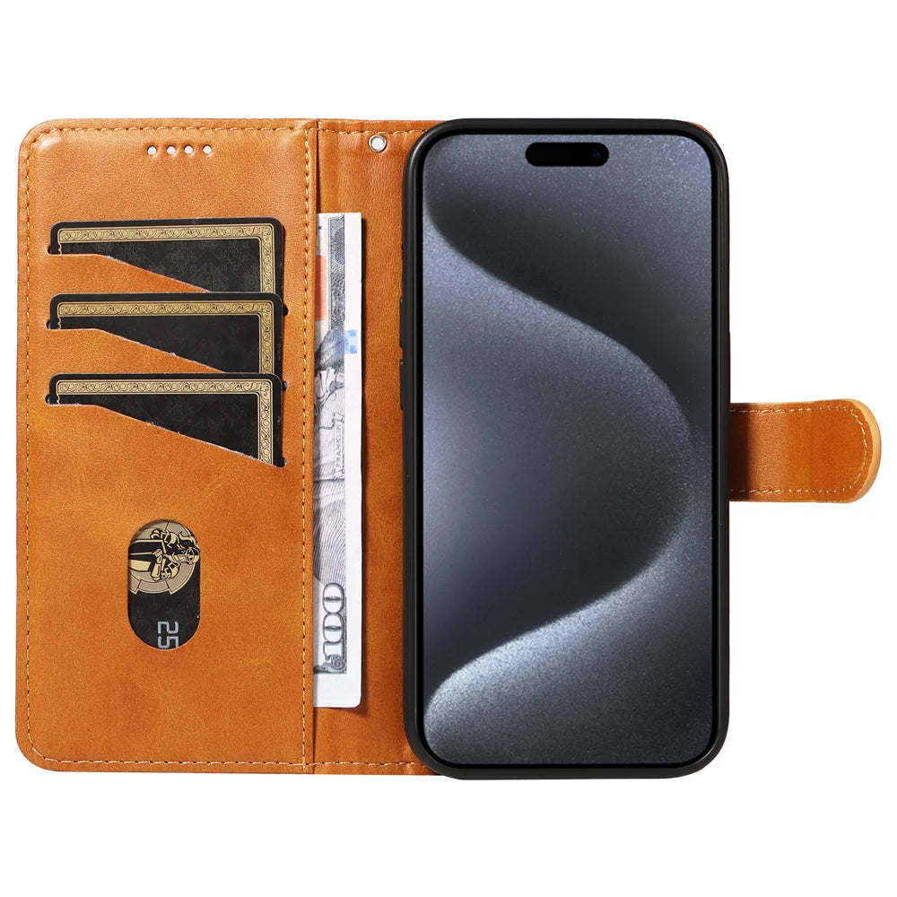 For iPhone 15 Pro Wallet Case T-Shape Lines Leather Phone Cover Stand - Brown - 2