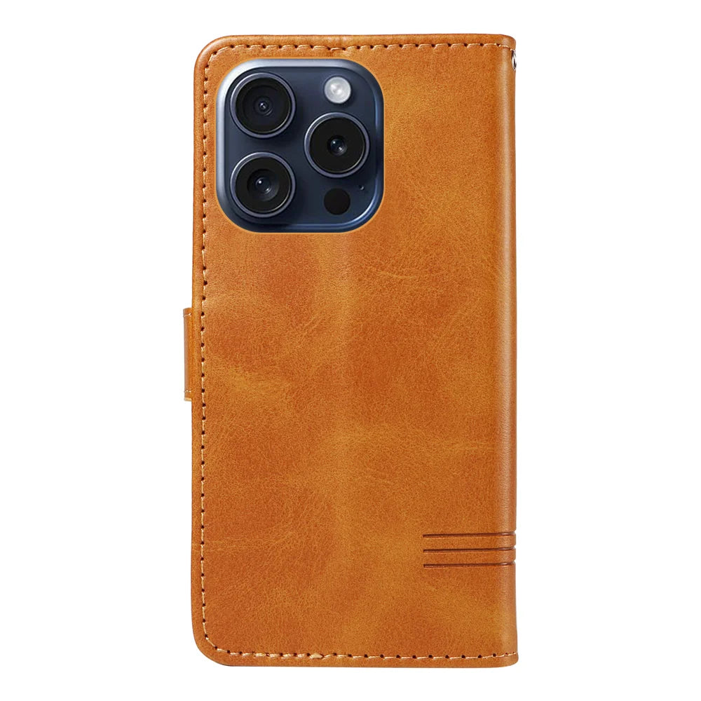 For iPhone 15 Pro Wallet Case T-Shape Lines Leather Phone Cover Stand - Brown - 7