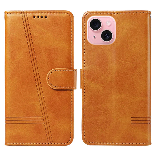 For iPhone 15 Wallet Case T-Shape Lines Leather Phone Cover Stand - Brown - 1