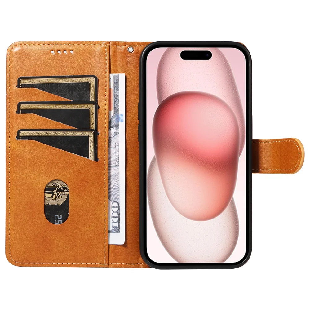 For iPhone 15 Wallet Case T-Shape Lines Leather Phone Cover Stand - Brown - 2