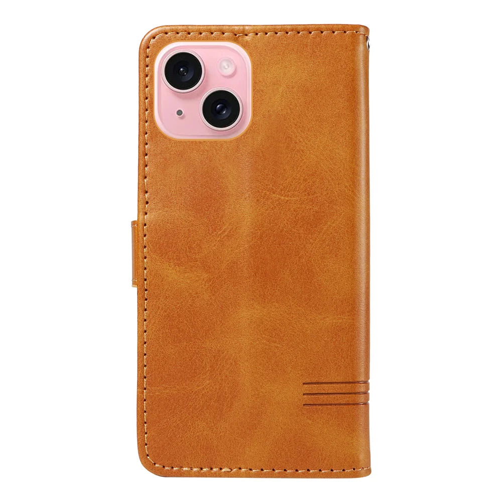 For iPhone 15 Wallet Case T-Shape Lines Leather Phone Cover Stand - Brown - 7