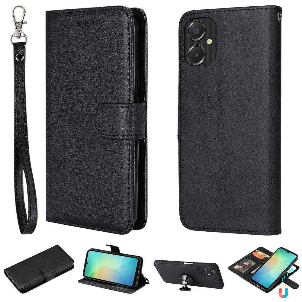 For Samsung Galaxy A06 5G / Galaxy A06 4G Case 2 in 1 Detachable Magnetic Leather Wallet Mobile Cover with Strap - Black - 1