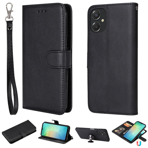 For Samsung Galaxy A06 5G / Galaxy A06 4G Case 2 in 1 Detachable Magnetic Leather Wallet Mobile Cover with Strap - Black - 1
