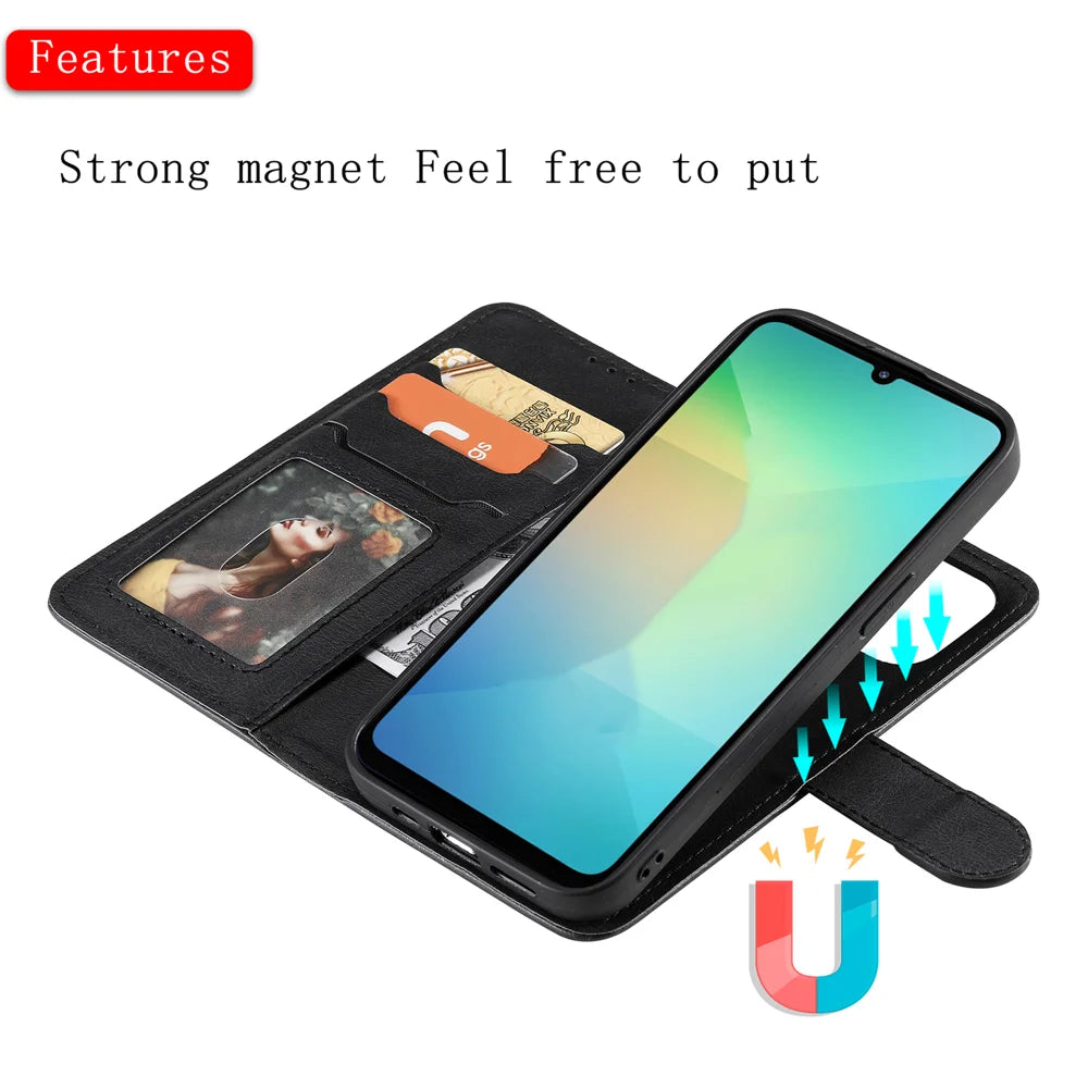 For Samsung Galaxy A06 5G / Galaxy A06 4G Case 2 in 1 Detachable Magnetic Leather Wallet Mobile Cover with Strap - Black - 6