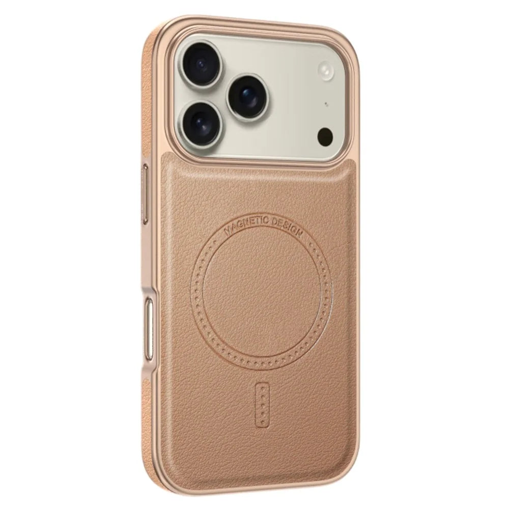 For iPhone 17 Pro Max Magnetic Case Electroplating Edge PU + TPU + PC Phone Cover - Desert Gold - 1