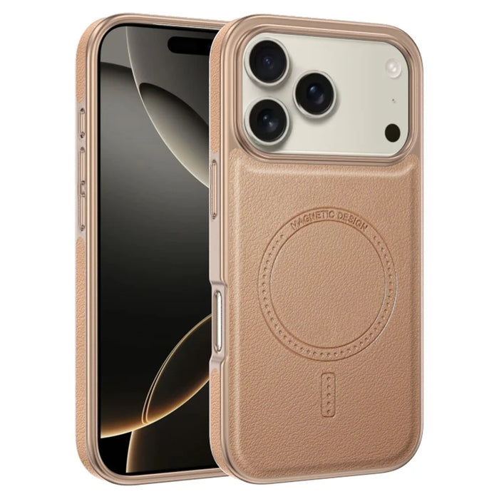 For iPhone 17 Pro Max Magnetic Case Electroplating Edge PU + TPU + PC Phone Cover - Desert Gold - 3