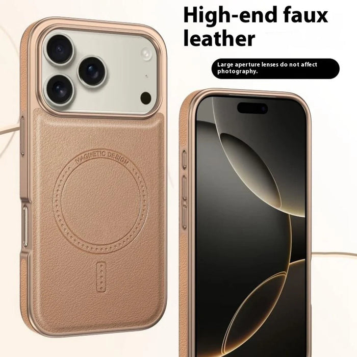 For iPhone 17 Pro Max Magnetic Case Electroplating Edge PU + TPU + PC Phone Cover - Desert Gold - 4